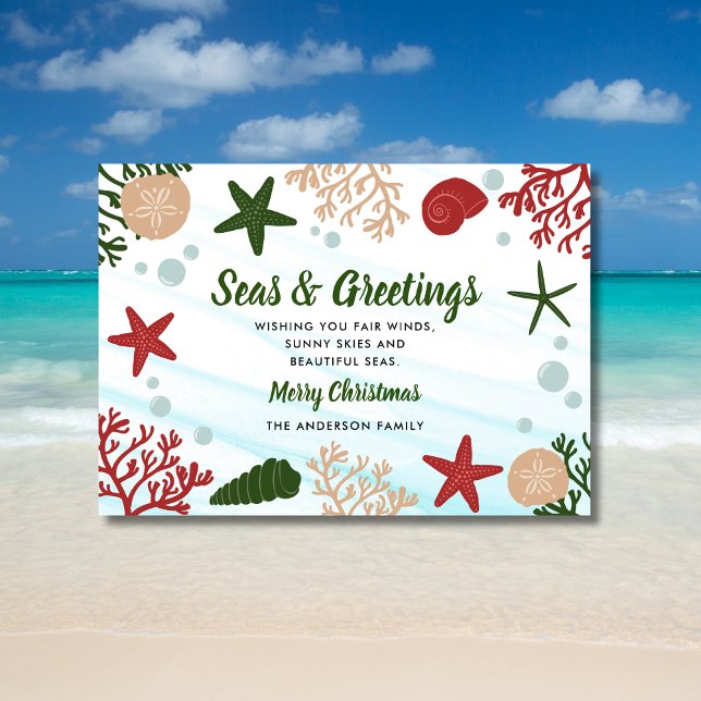 Seas & Greetings Nautical Ocean Beach Green Holiday Card (Creator Uploaded)