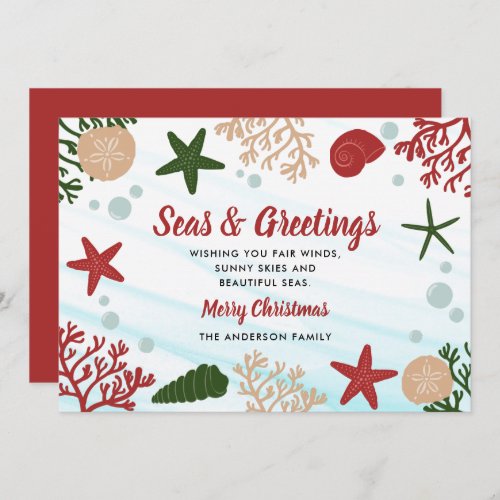 Seas  Greetings Nautical Ocean Beach Red Holiday Card