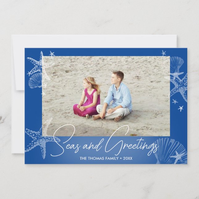 Seas & Greetings Navy Blue Photo Beach Starfish Holiday Card (Front)