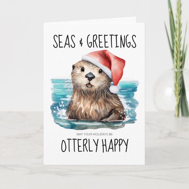 Seas & Greetings Otter Santa Coastal Christmas Card (Front)