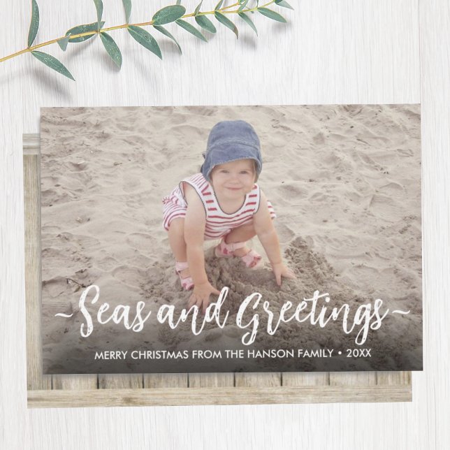 Seas & Greetings Photo Christmas Beach Wood Holiday Card (Creator Uploaded)