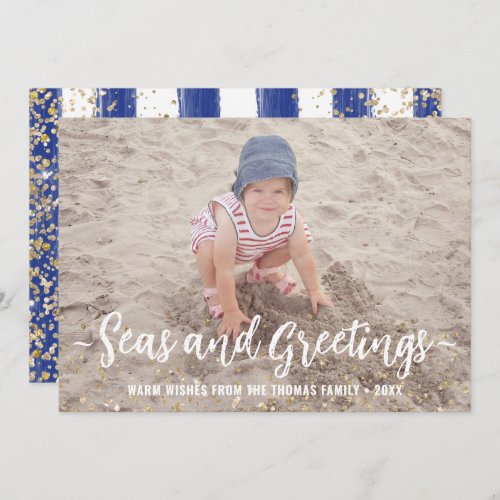 Seas  Greetings Photo Christmas Nautical Glitter Holiday Card