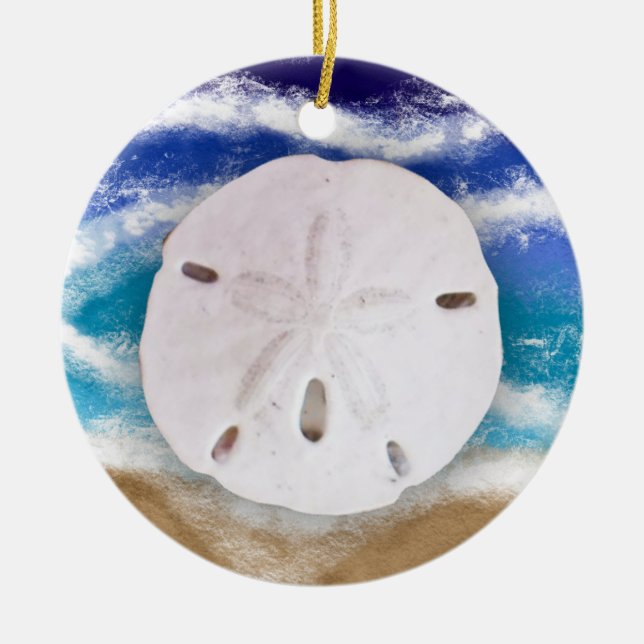 Seas & Greetings | Sand Dollars and Ocean Waves Ceramic Ornament (Front)