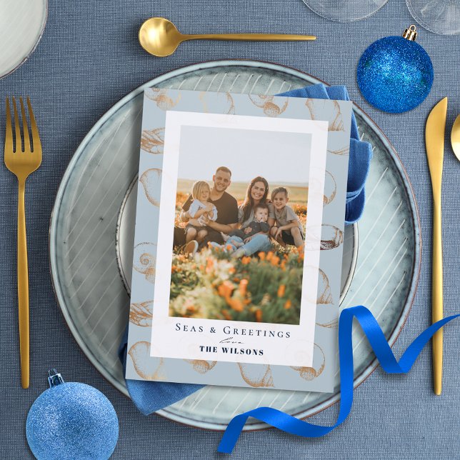 Seas & Greetings Seashell Blue Holiday Photo Letterpress Photo Cards (Creator Uploaded)