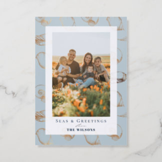 Seas & Greetings Seashell Blue Holiday Photo Letterpress Photo Cards