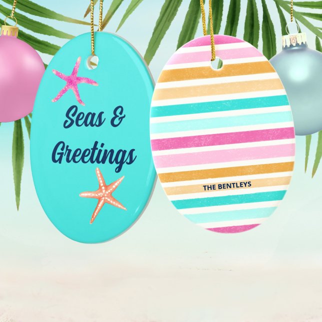 Seas & Greetings Starfish Retro Coastal Christmas Ceramic Ornament (Creator Uploaded)