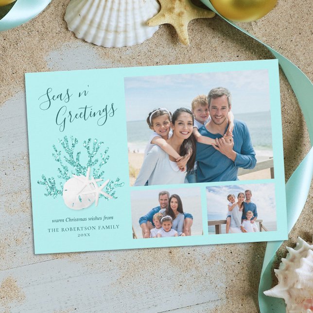 Seas N Greetings Aqua Blue Beach Christmas Photo Holiday Card (Creator Uploaded)