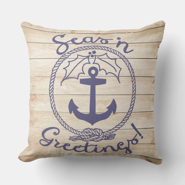 Seas 'n Greetings | Coastal Wood | Holiday Throw Pillow (Front)