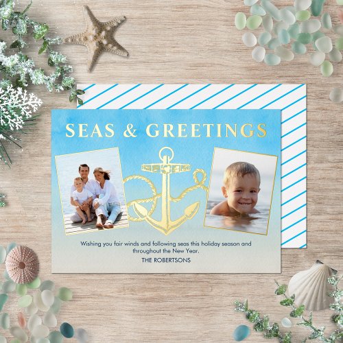 Seas N Greetings Nautical Christmas Anchor Photo Foil Holiday Card