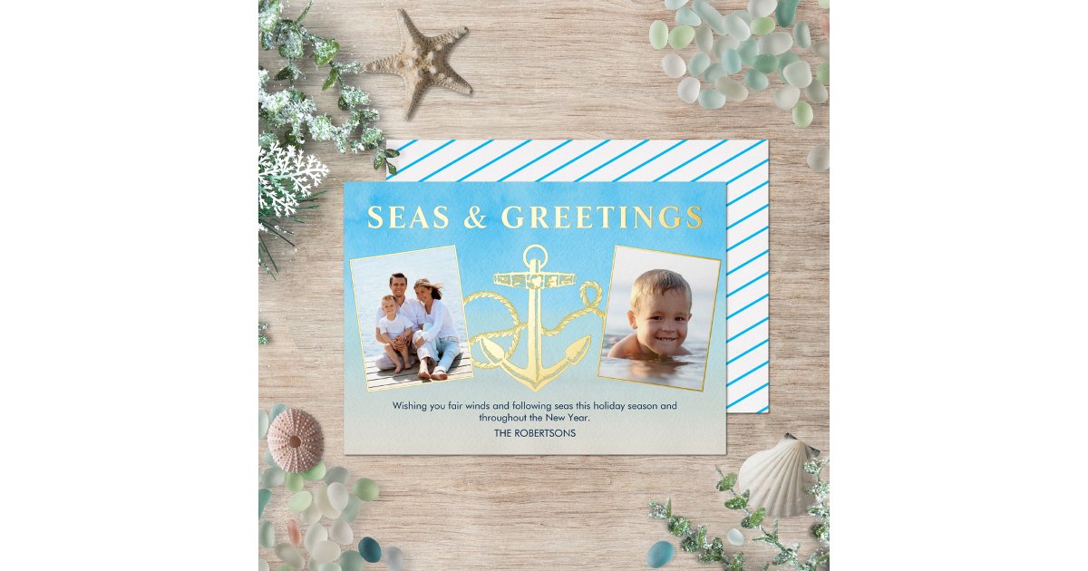 Seas N Greetings Nautical Christmas Anchor Photo Foil Holiday Card | Zazzle