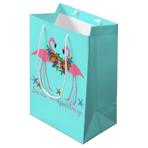 Seas n Greetings Pink Flamingos Christmas Aqua Medium Gift Bag