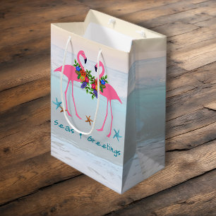 Seas n Greetings Pink Flamingos Christmas Aqua Medium Gift Bag