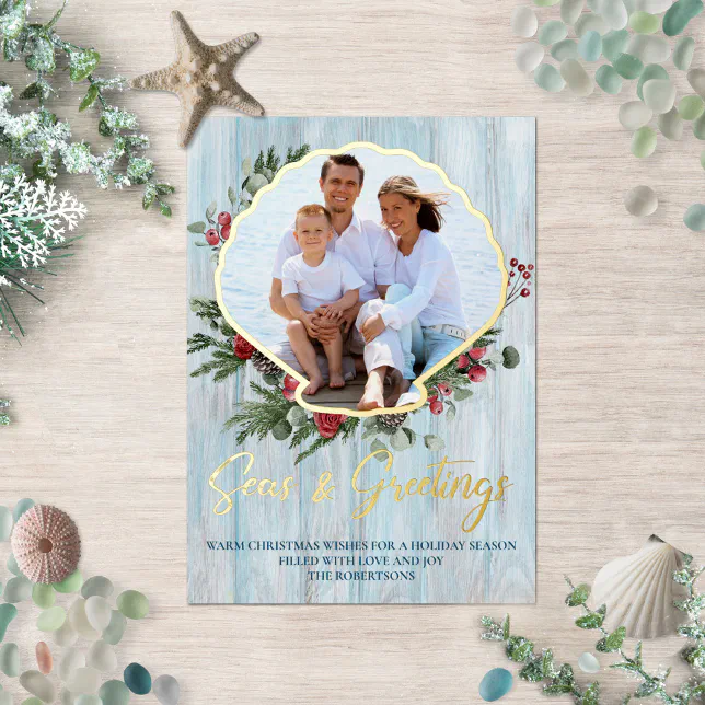 Seas N Greetings Seashell Christmas Photo Gold Foil Holiday Card | Zazzle