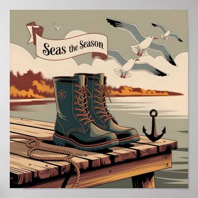 Seas Season Vintage Maritime Banner Art Poster (Front)