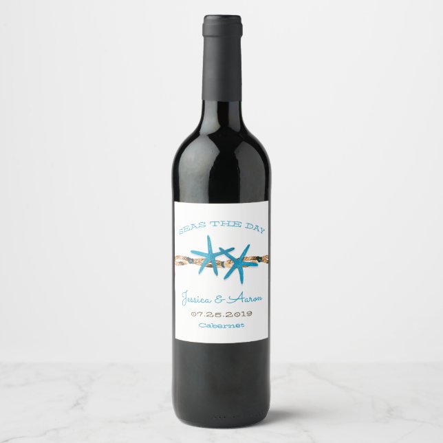 Seas the Day Aqua Starfish Wedding Wine Label (Front)