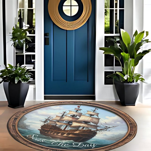 Seas The Day Battleship at Sea Round Area Rug (Creator Uploaded)