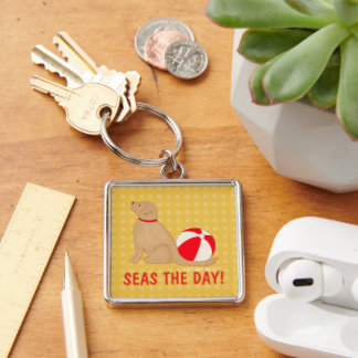 Seas the Day Beach Dog Yellow Key Chain Silver
