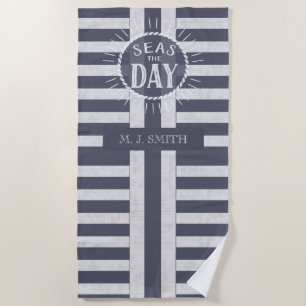 Seas the Day Bold Nautical Stripes and Name Beach Towel
