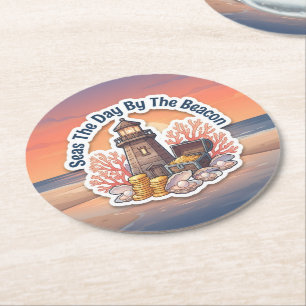 Seas The Day By The Beacon Round Paper Coaster