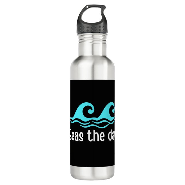 Seas The Day  Funny Ocean Stainless Steel Water Bottle (Front)