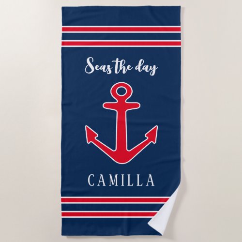 Seas the day Nautical anchor blue and red custom Beach Towel