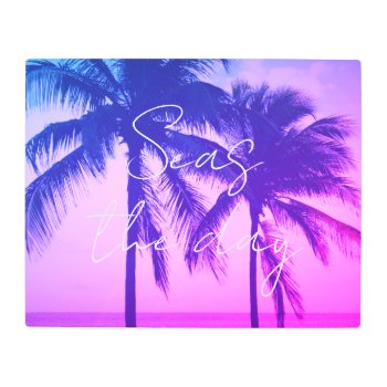 Seas The Day Ocean View Neon Pink Sunset Palm Tree Metal Print by photoedit at Zazzle