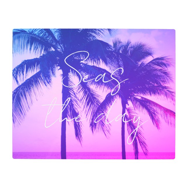 Seas the day ocean view neon pink sunset palm tree metal print (Front)
