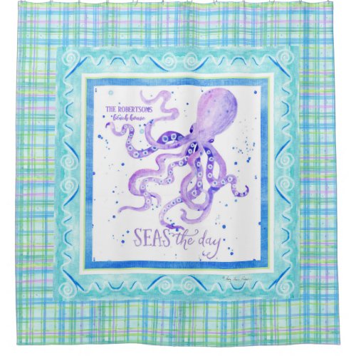 Seas the Day Octopus Beach Ocean Decor Watercolor Shower Curtain