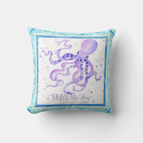 Seas the Day Octopus Beach Ocean Watercolor Art Throw Pillow