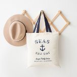 Seas the Day | Personalized Family Vacation Tote Bag<br><div class="desc">Ahoy! Set sail with our punny nautical tote bag design featuring "seas the day" in navy blue lettering curving around a ship's anchor illustration. Personalize with your family name and/or event type,  and the date and destination beneath,  to create a unique souvenir for family vacations,  trips or cruises.</div>