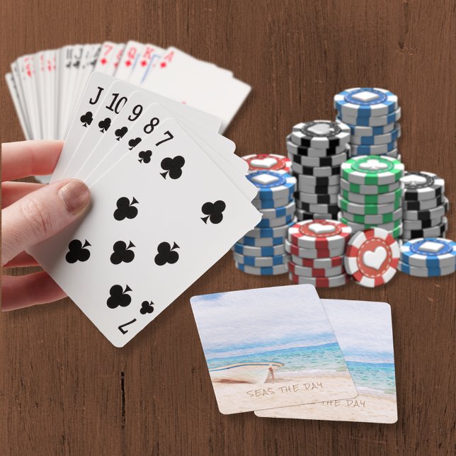 Seas The Day Quote Fishing Boat On Beach Sand Poker Cards (Creator Uploaded)