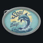 Seas the Day Retro Dolphin Ocean Aesthetic Belt Buckle<br><div class="desc">Dive into a world of adventure with this vibrant ocean-inspired design featuring a playful dolphin leaping through the waves. The bold retro typography and warm sunset hues create a nostalgic yet energizing beach aesthetic, blending vintage surf culture with a modern twist. With its dynamic movement and refreshing coastal vibes, this...</div>