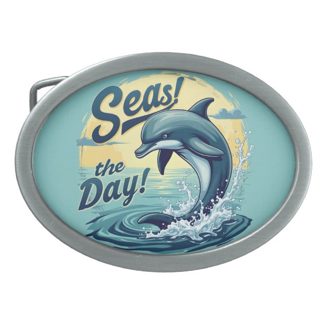 Seas the Day Retro Dolphin Ocean Aesthetic Belt Buckle (Front)