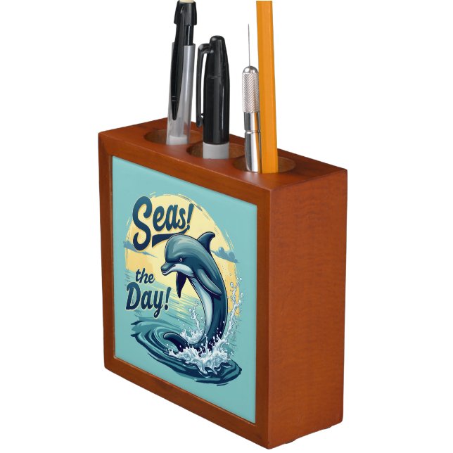 Seas the Day Retro Dolphin Ocean Aesthetic Desk Organizer (In Situ)