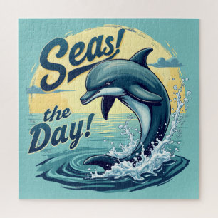 Seas the Day Retro Dolphin Ocean Aesthetic Jigsaw Puzzle