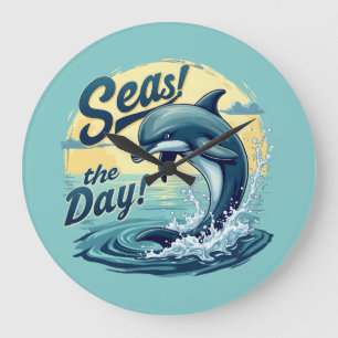 Seas the Day Retro Dolphin Ocean Aesthetic Large Clock