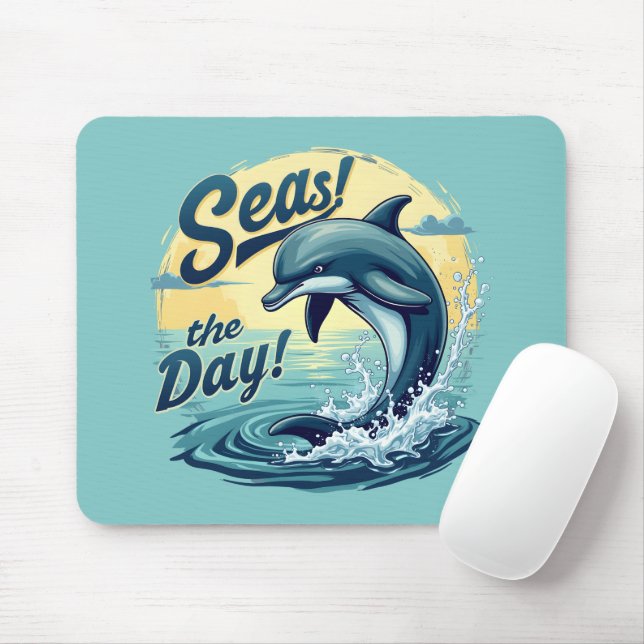 Seas the Day Retro Dolphin Ocean Aesthetic Mouse Pad (With Mouse)