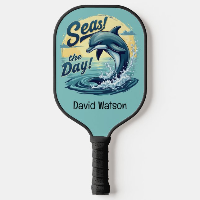Seas the Day Retro Dolphin Ocean Aesthetic Pickleball Paddle (Front)