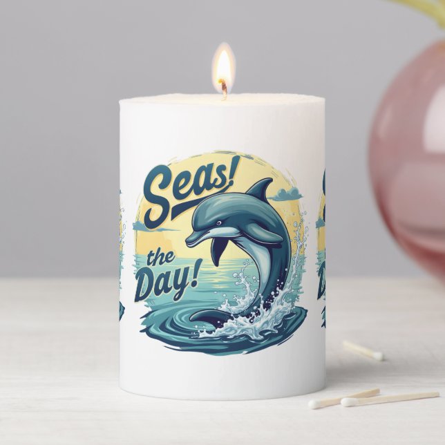 Seas the Day Retro Dolphin Ocean Aesthetic Pillar Candle (In Situ)