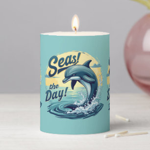 Seas the Day Retro Dolphin Ocean Aesthetic Pillar Candle