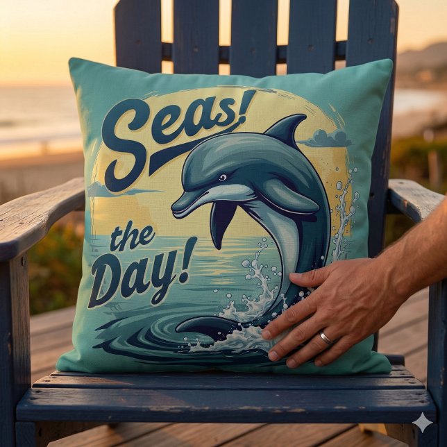 Seas the Day Retro Dolphin Ocean Aesthetic Throw Pillow (Seas the Day Retro Dolphin Ocean Aesthetic Throw Pillow Mockup D)