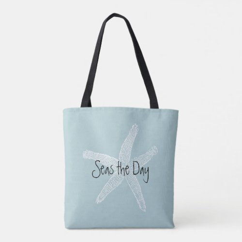 Seas the Day Vintage Starfish Illustration Blue Tote Bag
