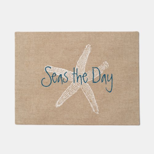 Seas the Day Vintage Starfish on Burlap Look Doormat