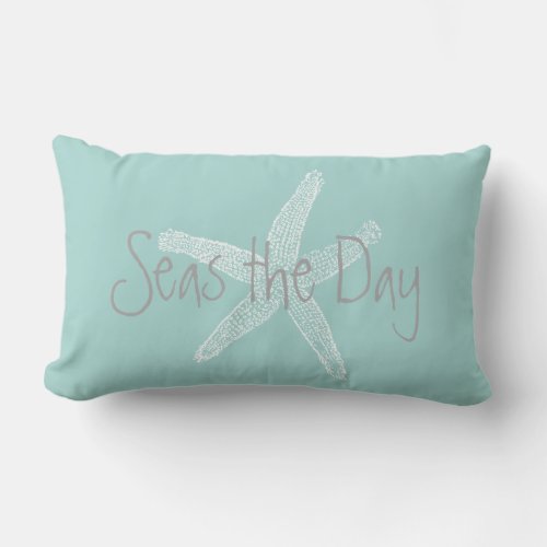 Seas the Day Vintage Starfish Sea Glass Blue Lumbar Pillow