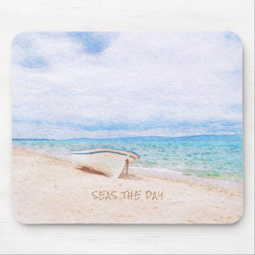 Seas The Day Watercolor Beached Fishing Boat Mouse Pad