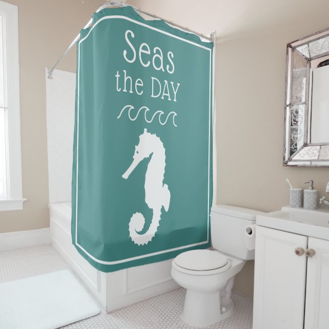 Seas the Day White Seahorse Shower Curtain (In Situ)