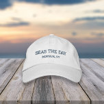 Seas the Day | Your City or Beach Name Embroidered Baseball Hat<br><div class="desc">Seas the day! Embroidered cap features the quote in navy blue with your city,  island or beach name beneath.</div>
