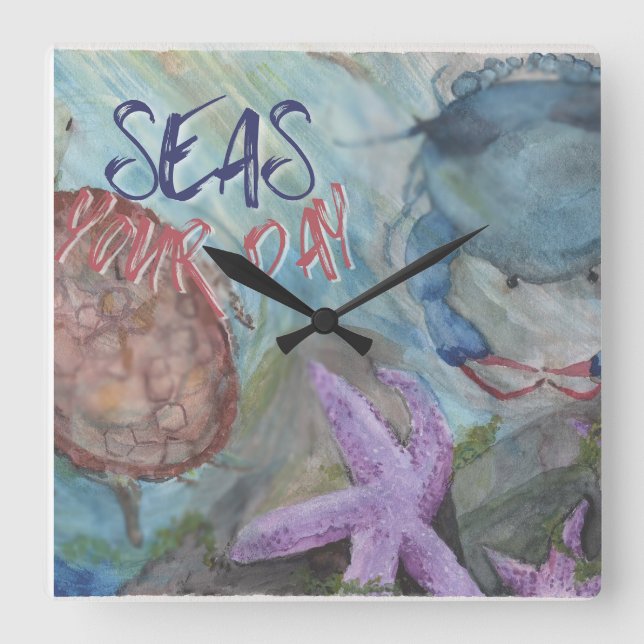 Seas Your Day  Square Sealife Wall Clock (Front)