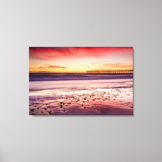 Seascape and pier at sunset, CA Canvas Print (Front)