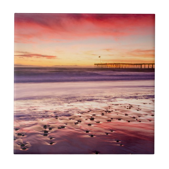 Seascape and pier at sunset, CA Ceramic Tile (Front)